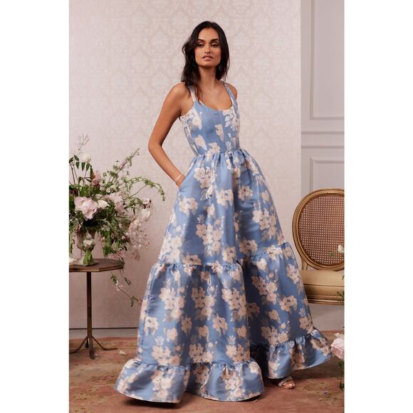 V. Chapman The Avery Dress Dusk Blue Baroque Floral - 0 - Picture 1 of 5